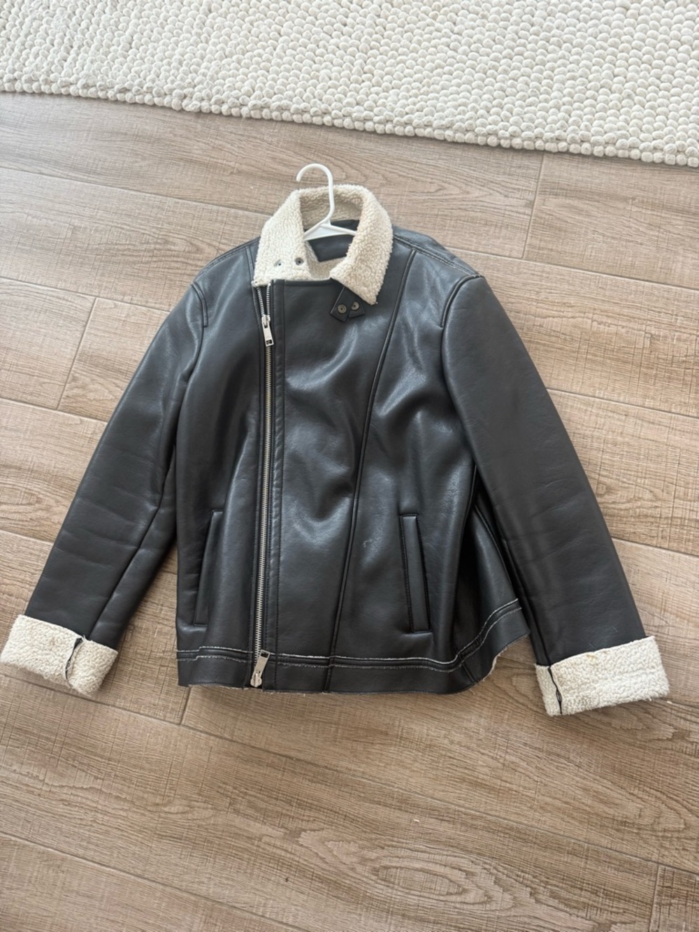 Armani Exchange Black Faux-Leather Jacket with Cream Sherpa Trim